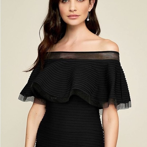 Tadashi Shoji Black Ruffle Off-the-Shoulder Pintuck Dress | Goth Chic | Size S - Picture 9 of 9